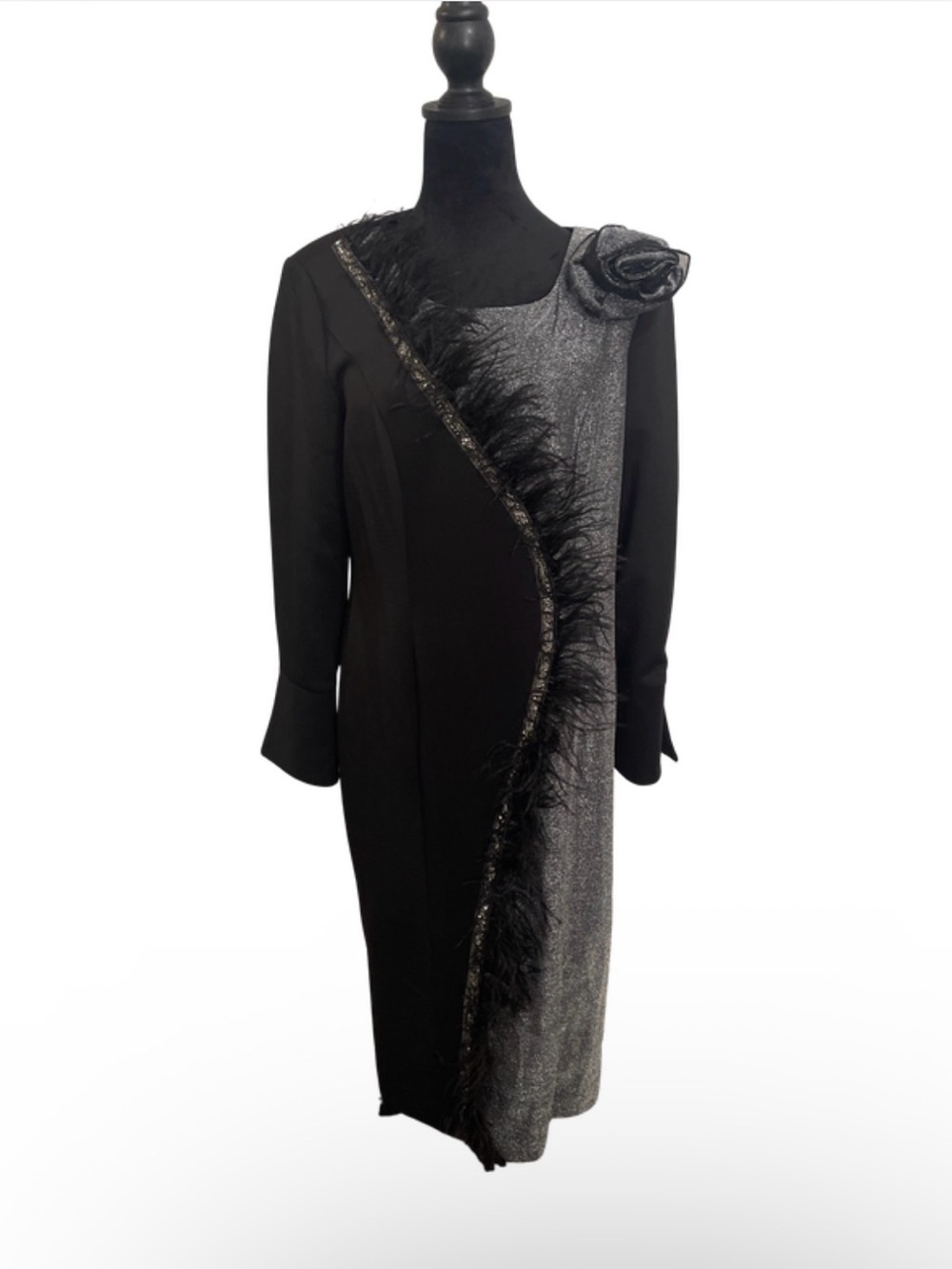 Donna Vinci Black & Silver Feather-Trim Sheath Dress with Rosette Detail